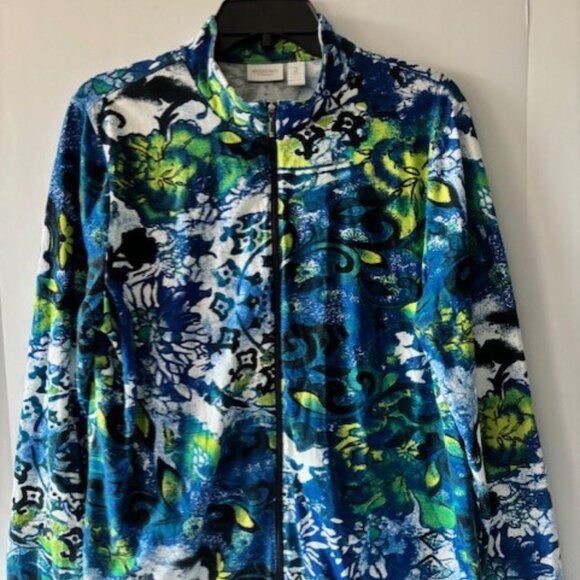 Weekends Chico's 2 Zip Jacket Long Sleeve Blue Green Artsy Vibrant L Statement - Picture 1 of 4